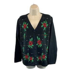 VTG Basic Edition Ugly Sweater Cardigan Holiday Embroidered Poinsettias Small